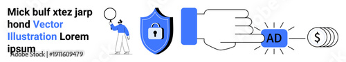 Man holding balloon, shield with lock, hand pressing ad button, and dollar symbol. Ideal for marketing, digital security, online ads, data protection, monetization e-commerce simple landing page