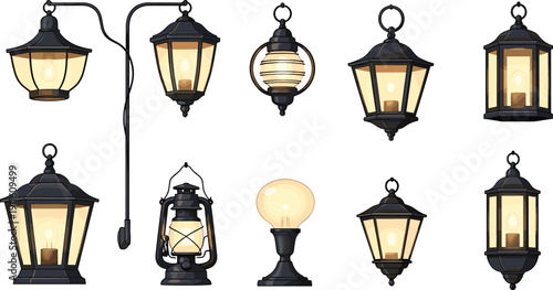 Ten vintage lantern illustrations with ornate metal frames, glass panels, and varied mounting styles