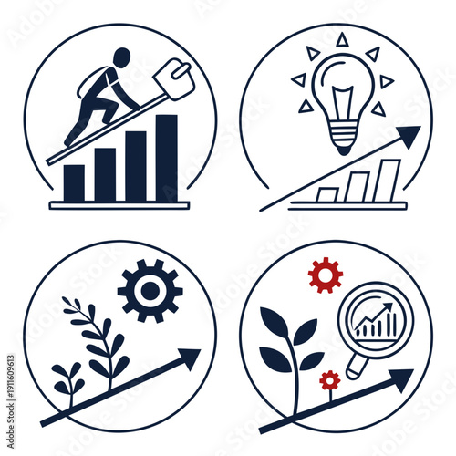 Icons representing growth, development, and achievement in various aspects of life Vector