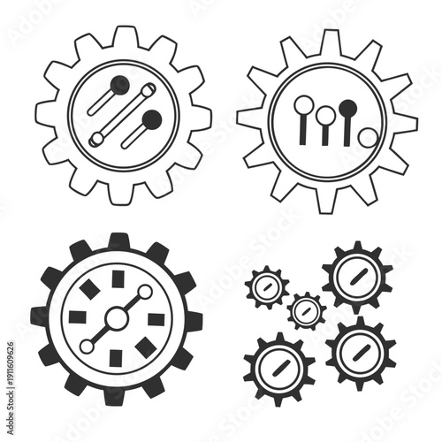Four distinct gears with unique symbols and patterns arranged in a square formation Vector