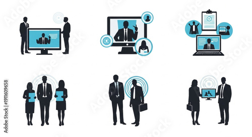 Business meeting and collaboration icons and illustrations.