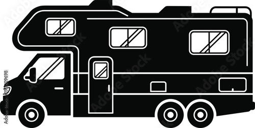 Black Recreational Vehicle RV Motorhome Silhouette for Camping Outdoors Road Trip Adventure and Family Vacation Travel Graphics, cad drawing flat vector illustration