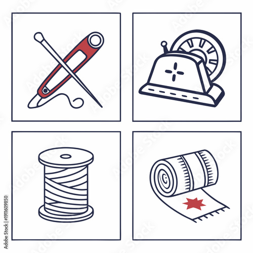 Four different icons representing sewing, embroidery, and tailoring tools and techniques. Vector