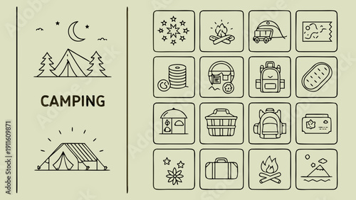 Illustrations of camping activities and equipment for outdoor adventures Vector