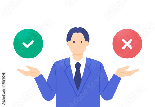 メリットとデメリットを比較するビジネスパーソン。OKとNGを掲げる男性のベクターイラスト素材。