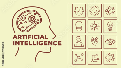 Illustration of a head with artificial intelligence concepts and symbols. Vector