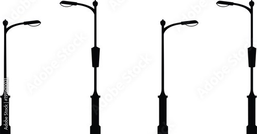 Black silhouette street light pole collection with modern and vintage lamp post design elements isolated on white background for urban city vector illustration