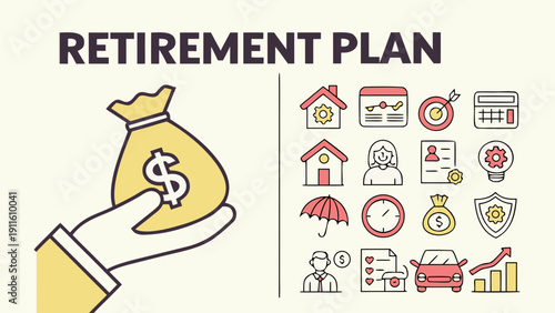 Illustration of a retirement plan with various activities and items Vector