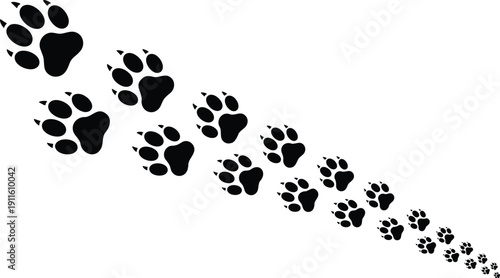 Black silhouette vector illustration of animal paw prints trail walking away, fading into distance on isolated white background for design.