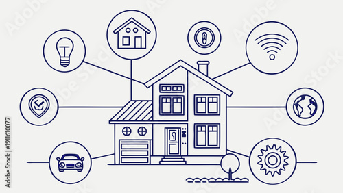 Smart home technology with various interconnected devices and features Vector