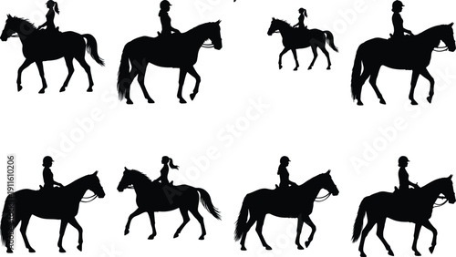 Equestrian silhouettes of women in different gaits