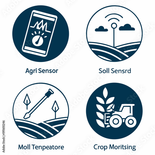 Icons representing various aspects of agriculture and marine monitoring systems Vector