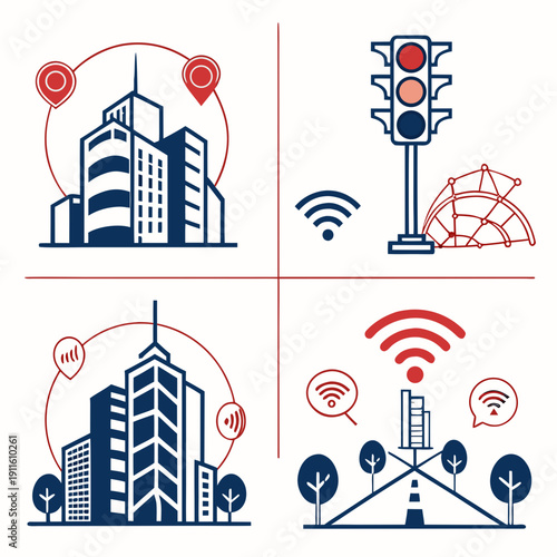 Illustration of modern city infrastructure with communication networks and emergency services Vector