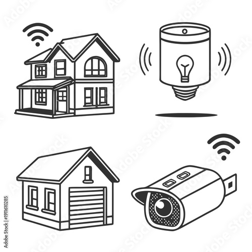 Illustration of smart home devices including a house, camera, and soda can. Vector