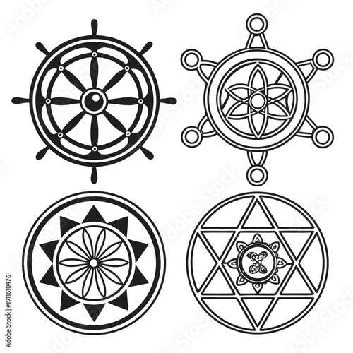 Four distinct mandala designs showcasing intricate geometric patterns and symbols Vector