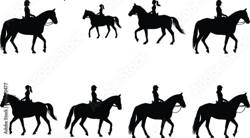 Silhouette of female rider on horseback in various poses