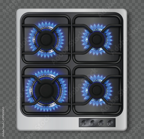 Gas stove, 3d hob with fire and realistic burner with blue flame top view. Cooking oven and stovetop burning propane ring. Natural gas glowing burner and kitchen cooker flame. Isolated vector set