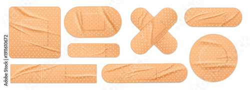 Realistic wrinkled medical plaster, first aid creased bandage, adhesive band, medicine patch. 3D band-aid for wound and injury. Accident care first aid kit. Vector isolated set
