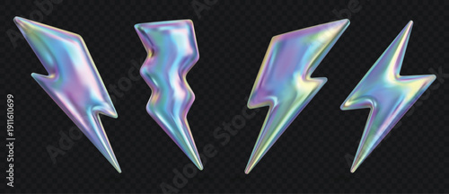 3D holographic lightning icons with neon metal hologram effect. Electric thunderbolt flash realistic soft render with rainbow gradient emoji. Energy, power and speed y2k symbol. Isolated vector set