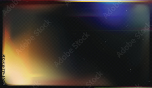 Light leak film. Retro analog camera effect, blur and bokeh old photo frame with dust, scratches. Abstract cinematic overlay, holographic iridescent texture. Soft neon light leak vector background
