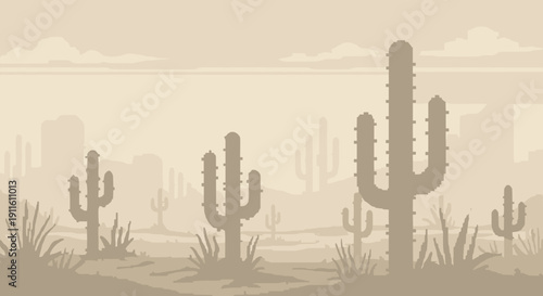 Cacti Silhouettes in Desert Landscape.