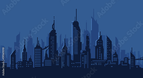 City Skyline Silhouette Against Dark Blue Sky.