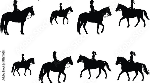 Set of black horse and rider silhouettes for design