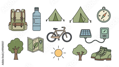 Adventurer's Toolkit: This illustration captures a collection of essential tools for outdoor adventure. Includes backpack, water bottle, tent, compass, bicycle, solar panel, map, sun, tree.