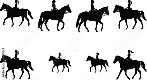 Vector graphic of female equestrian silhouettes on horses
