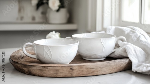 Wallpaper Mural Two elegant white ceramic teacups with subtle leaf embossing, gracefully resting on a rustic wooden tray, creating a serene and inviting scene for a relaxing beverage. Torontodigital.ca
