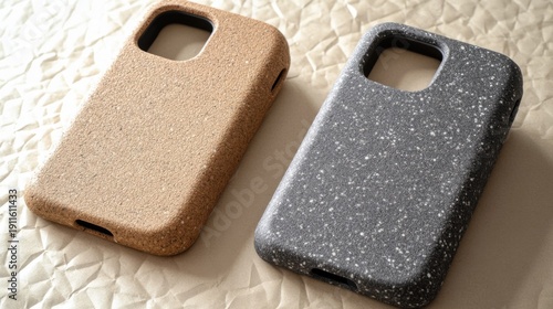 Wallpaper Mural Two compostable phone cases made from plant-based material sit on a crumpled paper background, showcasing sustainable technology accessories. Torontodigital.ca