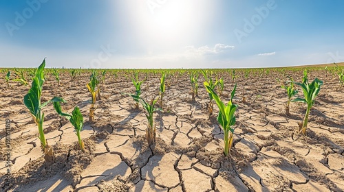 Wallpaper Mural Young corn crops struggling for life in a parched, cracked earth agricultural field under a bright sun, showcasing agricultural challenges. Torontodigital.ca