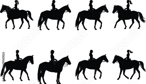 Equestrian woman silhouette set, horse riding, vector art