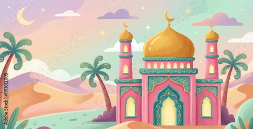 Whimsical Eid Mubarak village vector illustration with pastel mosque, golden dome, desert dunes and palm trees for Ramadan greeting cards, festive posters, social media campaigns, and Islamic branding