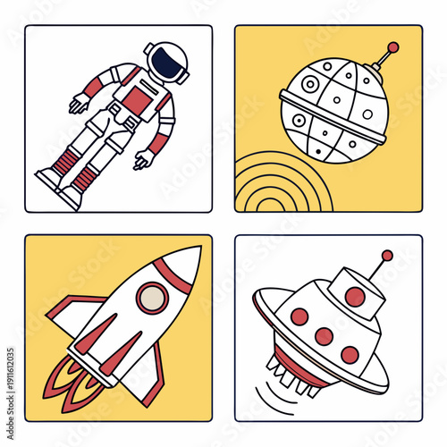 A collection of various spacecraft and space-related icons on a yellow background. Vector