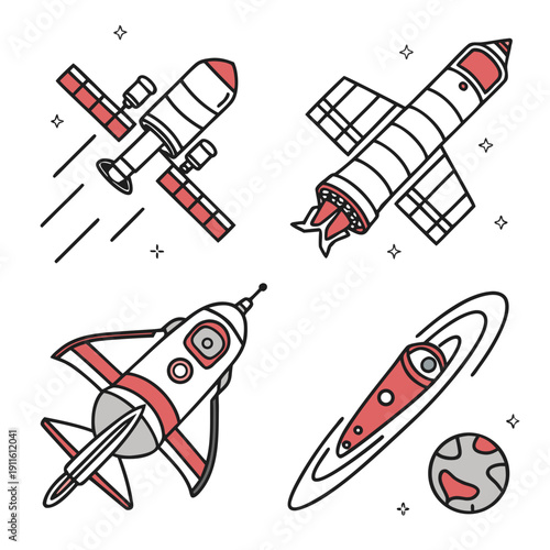 A collection of colorful and creative rocket ship illustrations in various designs and styles. Vector