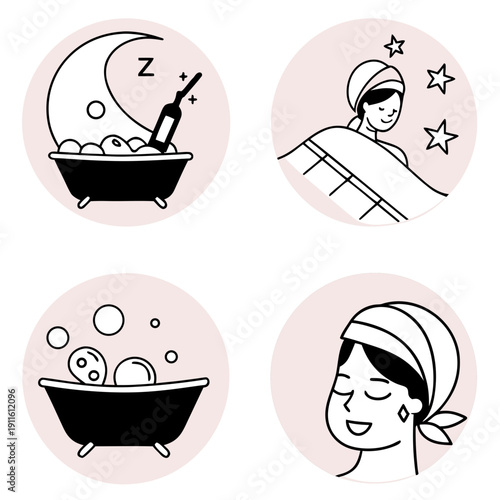 A woman enjoying various relaxing activities in a bathtub. Vector