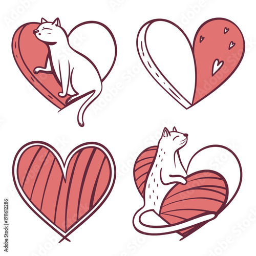 A collection of heart illustrations featuring a variety of designs and a cat. Vector