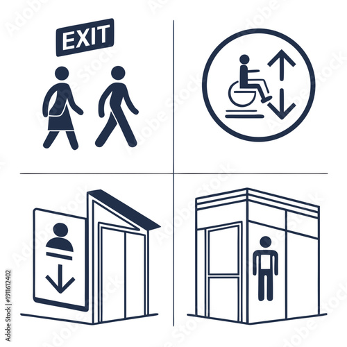 Public restroom signs indicating gender-neutral and accessible facilities with clear instructions Vector