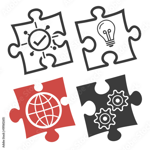 Four interconnected puzzle pieces with diverse symbols representing global collaboration and teamwork. Vector