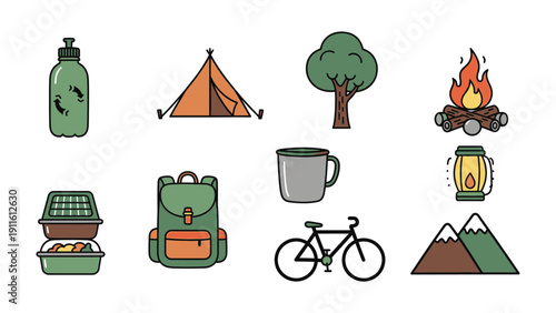 Camping Essentials: Vibrant illustrations of camping essentials, each element perfectly capturing the spirit of outdoor adventures.