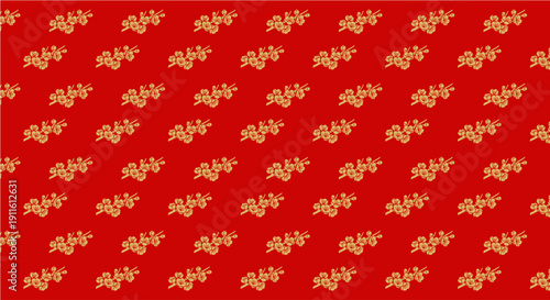 Golden Christmas Tree Pattern on Red Background.