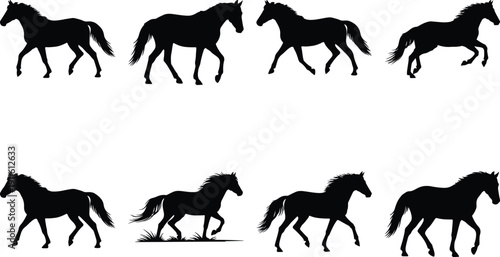 Eight black horse silhouettes in different poses