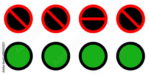 Prohibition and green circle signs set featuring red no entry symbols and green approval indicators for traffic control, safety regulation and public instruction.
