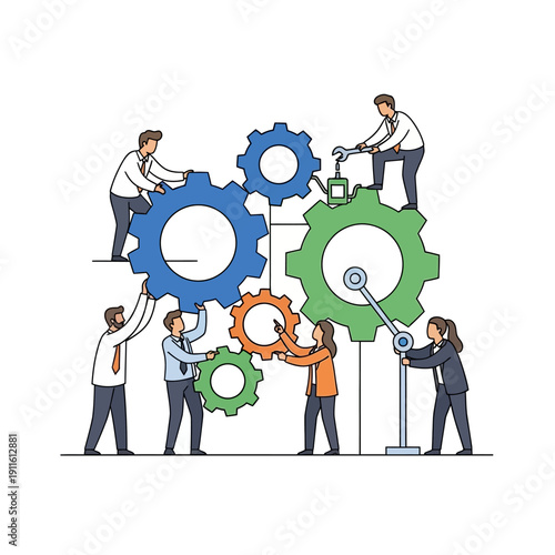 Teamwork assembling gears, business collaboration and problem solving concept