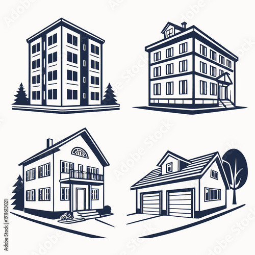 Four different types of buildings illustrated in a simple black and white line drawing Vector