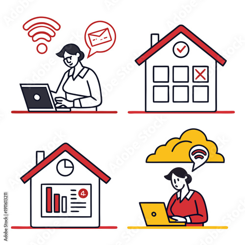 A person working on a laptop with a secure home network and a hacker attempting to break in. Vector