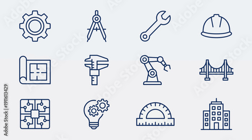 engineering tools icons set, construction and technology symbols