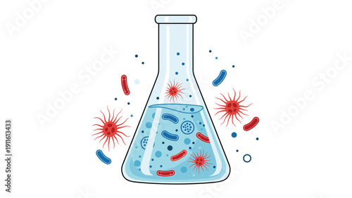 Laboratory flask filled with blue liquid and microscopic germs or bacteria represents biological research and science.