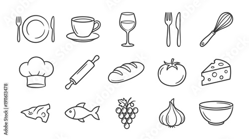 kitchen utensils and food icons set, cooking and eating concept
